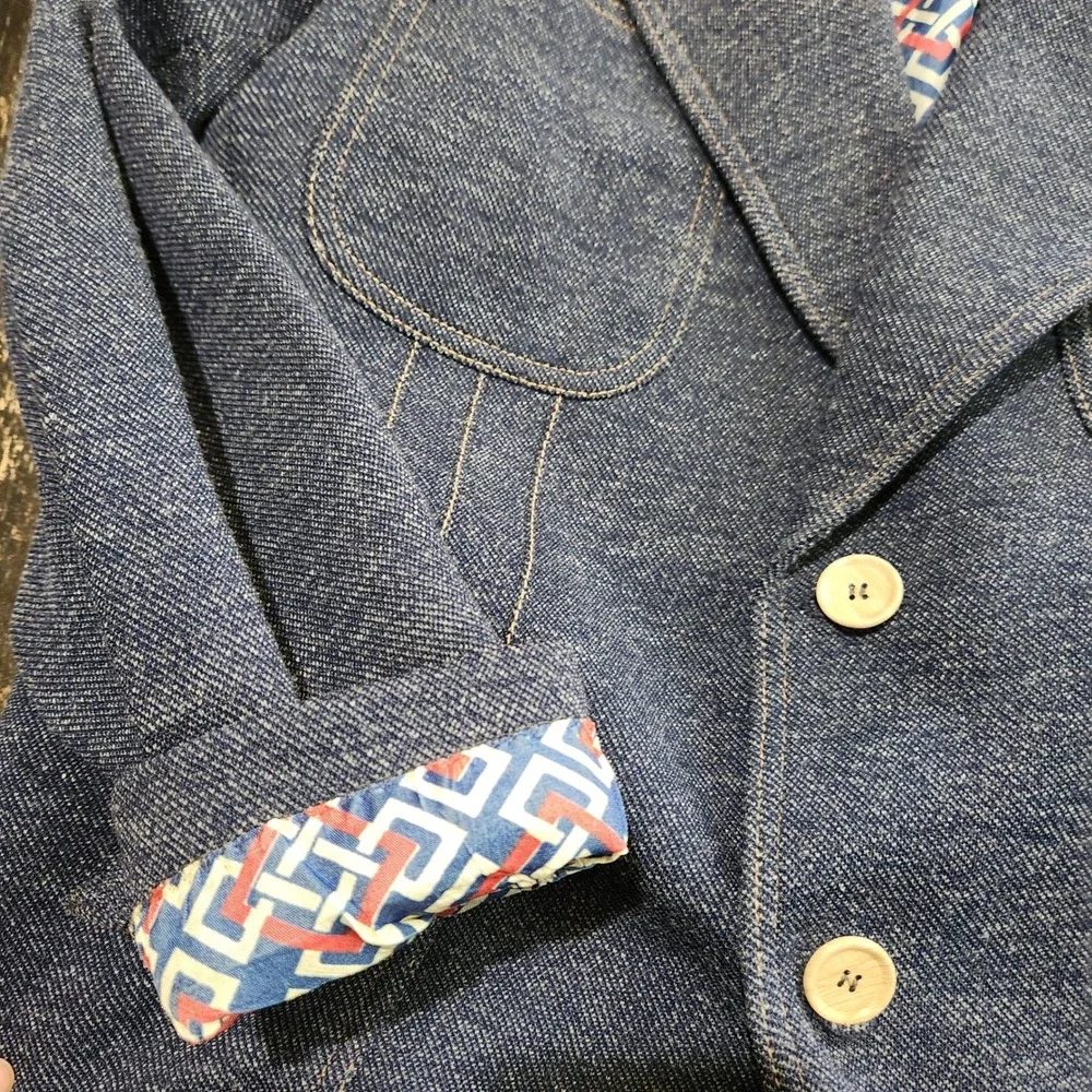 Vintage 60s 70s Western Sport Jacket Men's M Blue Polyester Denim Blazer